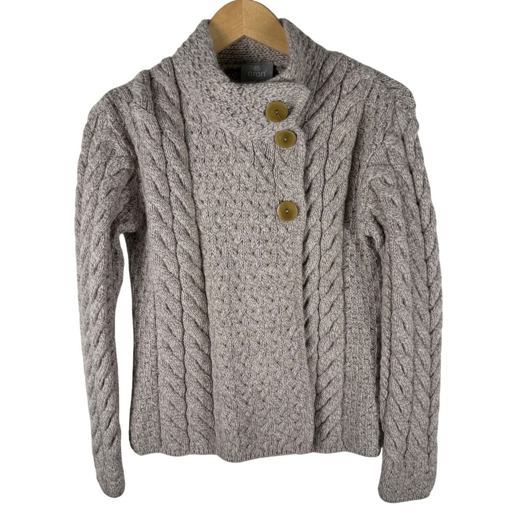 Aran Woollen Mills Merino Wool Cable Knit Cardigan Asymmetrical Button Sweater - Picture 2 of 6